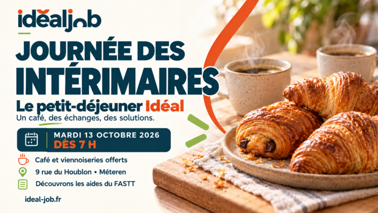Invitation au petit-déjeuner Idéal Job, le 13 octobre 2026 dès 7 h à Méteren, avec café et viennoiseries offerts.