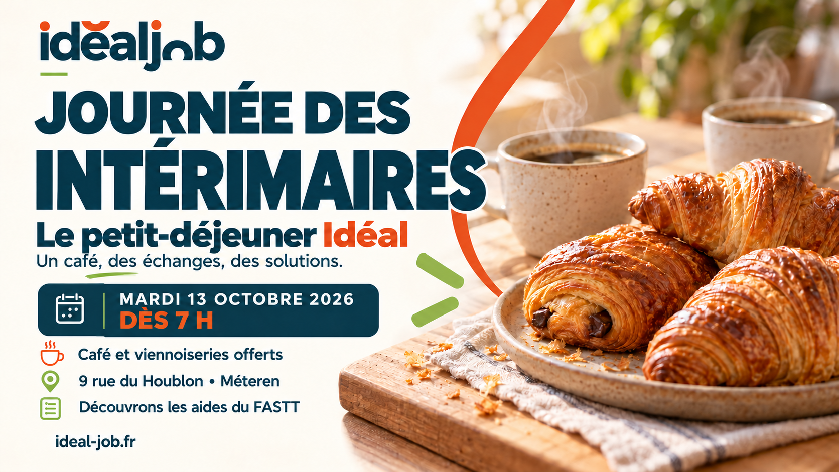 Invitation au petit-déjeuner Idéal Job, le 13 octobre 2026 dès 7 h à Méteren, avec café et viennoiseries offerts.